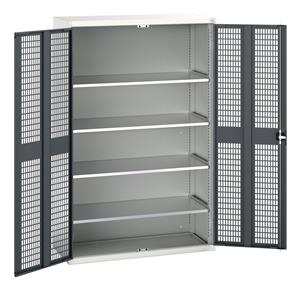 verso ventilated door cupboard with 4 shelves. WxDxH: 1300x550x2000mm. RAL 7035/5010 or selected Bott Verso Ventilated door Tool Cupboards Cupboard with shelves